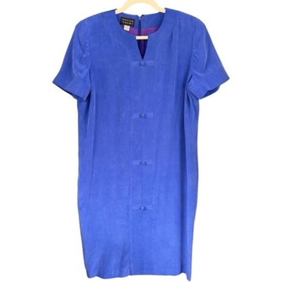 SPENSER JEREMY Royal Blue Silk Mandarin Collar Button Front Sheath Dress Size 8